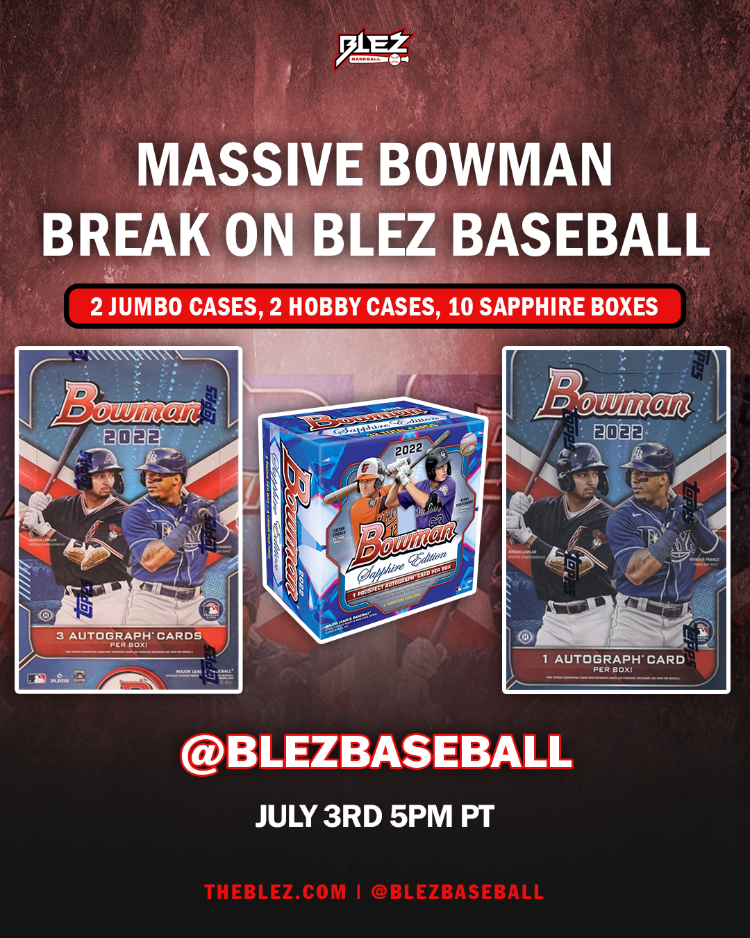 *********4 Case + 10 Box Sapphire 2022 Bowman Break!!!! 2 Cases Jumbo, 2 Case Hobby and 10 boxes of 2022 Bowman Sapphire Pick Your Team #1
